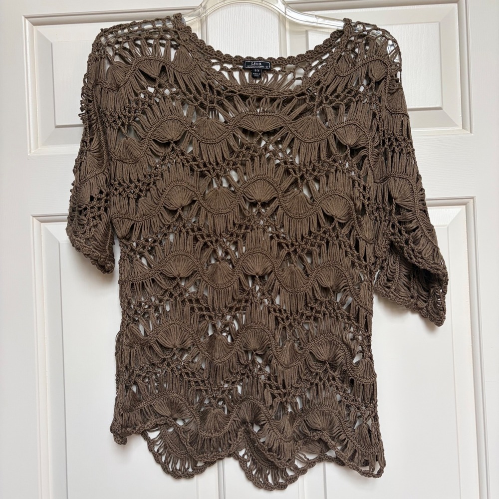Crochet Open Knit Fan Scallop Top Brown Womens S M Boho Summer Festival Layering